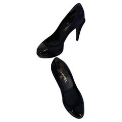 Chanel Black Suede Platform High Heels with Patent Leather Toe Caps 36