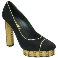 CHANEL Black Suede Pump with Gold Hammered Heel - 38
