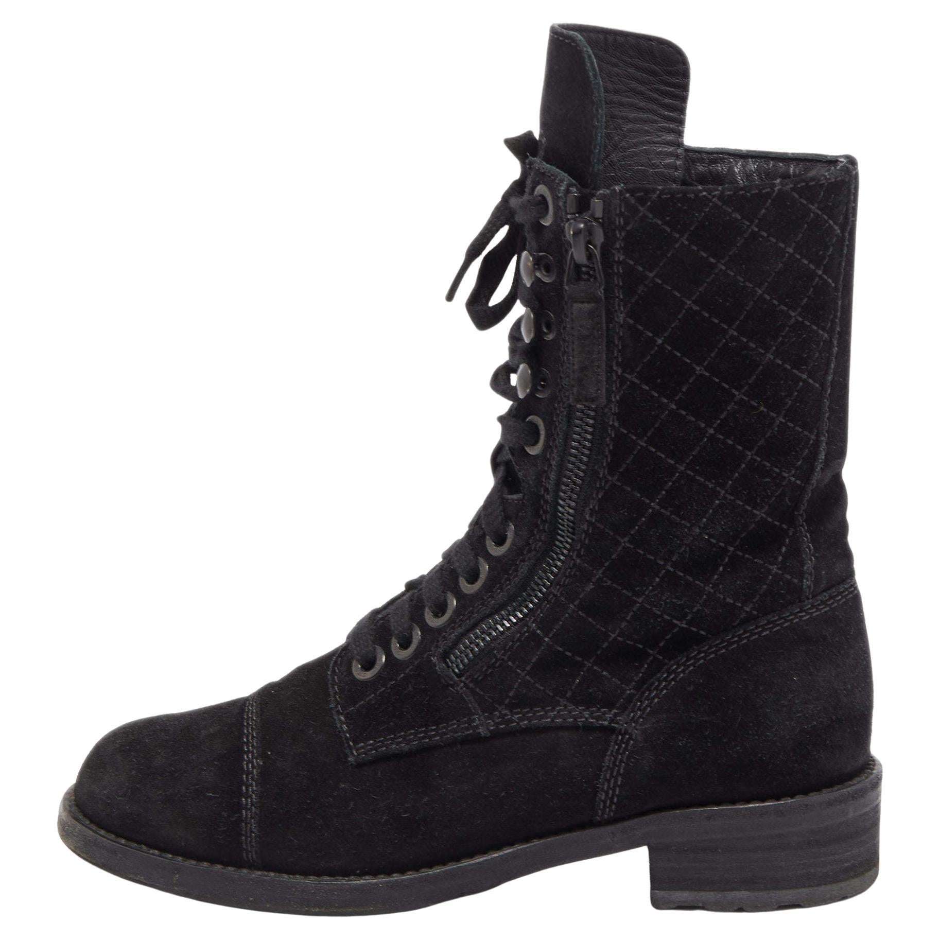 Chanel Grey Quilted Suede Combat Boots