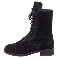 Chanel Black Suede Quilted Double Zip CC Combat Boots Size 37.5