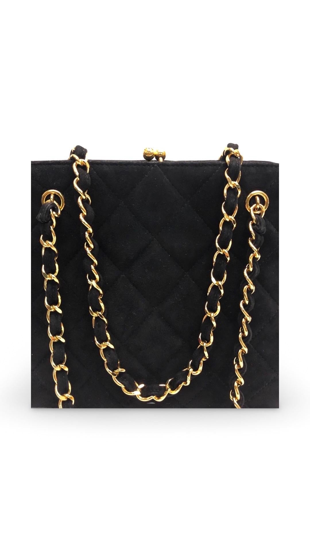 Chanel Black Suede Quilted Gold Toned Chain Box Handbag 1