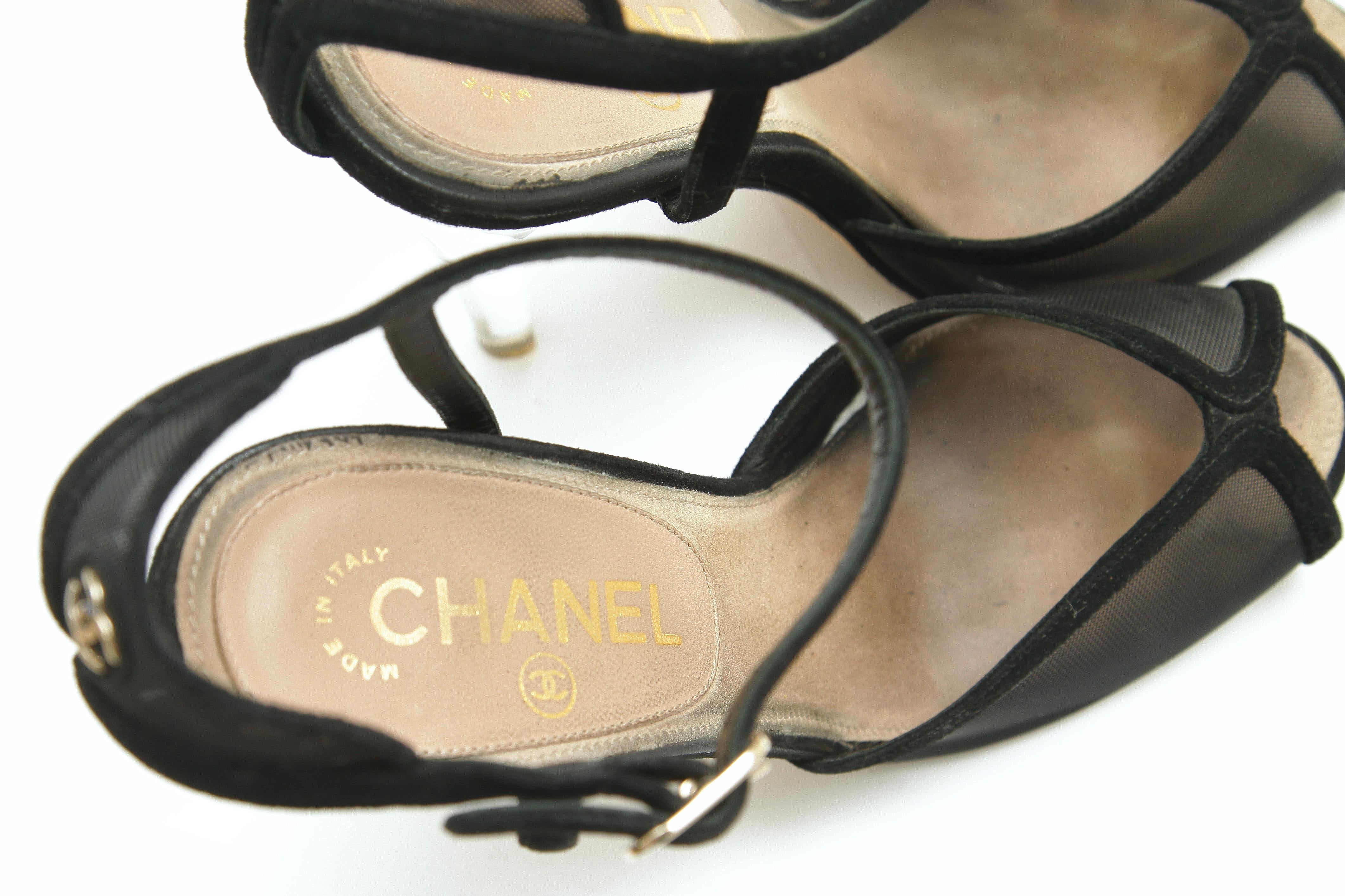 CHANEL Black Suede Sandals Heels Pump Lucite Ankle Strap Gold HW Peep Toe Sz 38 7
