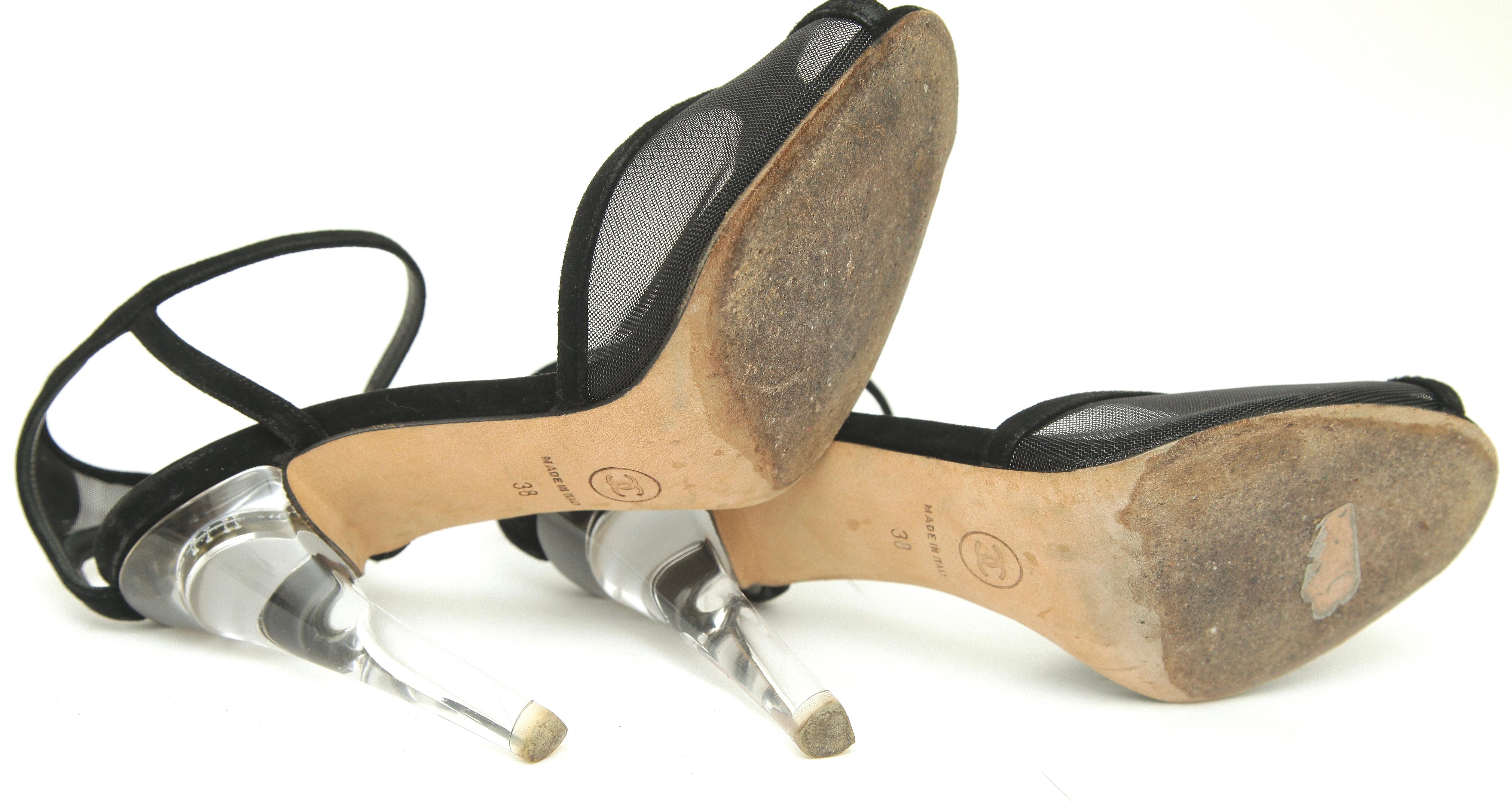 CHANEL Black Suede Sandals Heels Pump Lucite Ankle Strap Gold HW Peep Toe Sz 38 For Sale 8