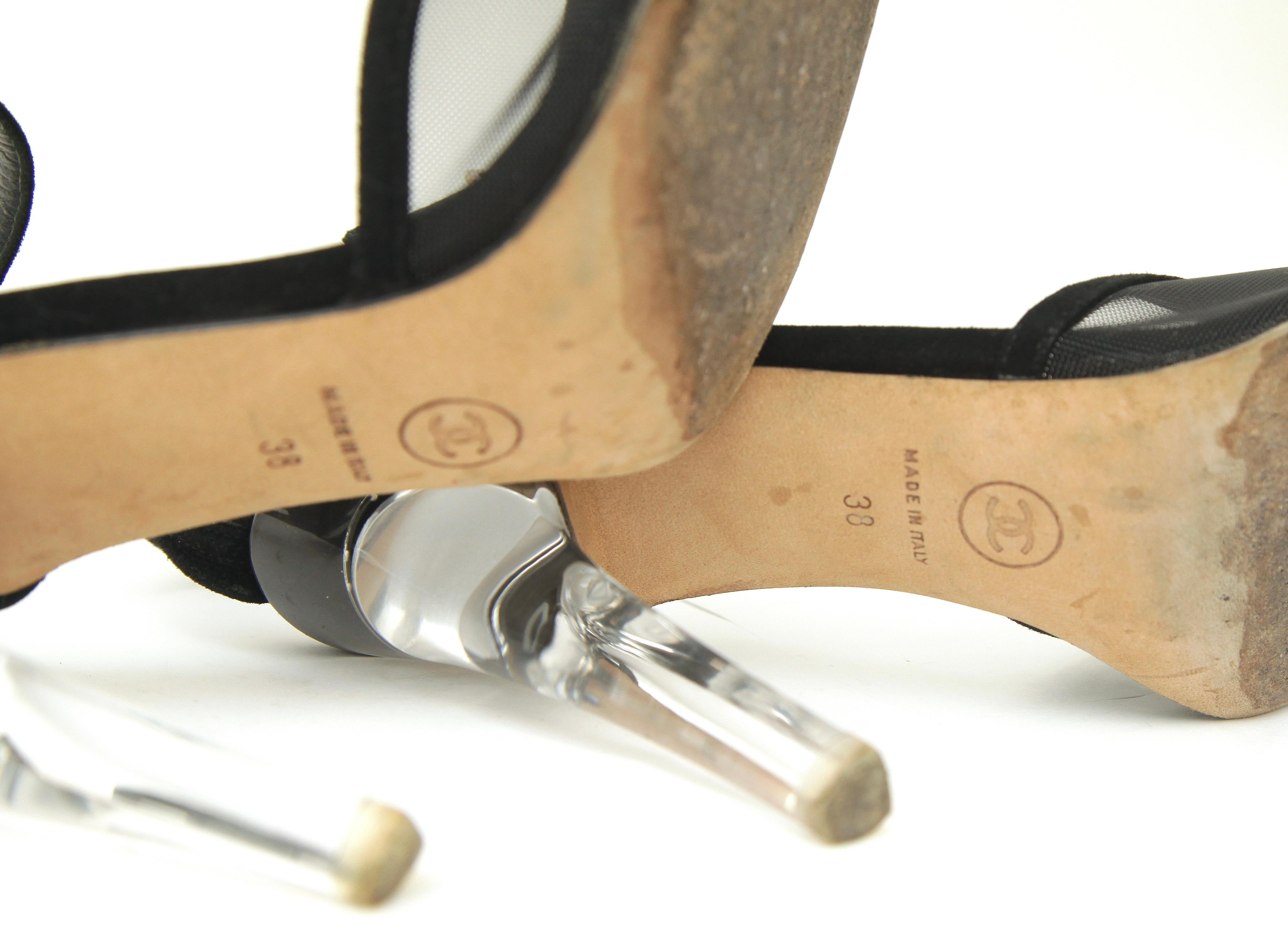 CHANEL Black Suede Sandals Heels Pump Lucite Ankle Strap Gold HW Peep Toe Sz 38 For Sale 9