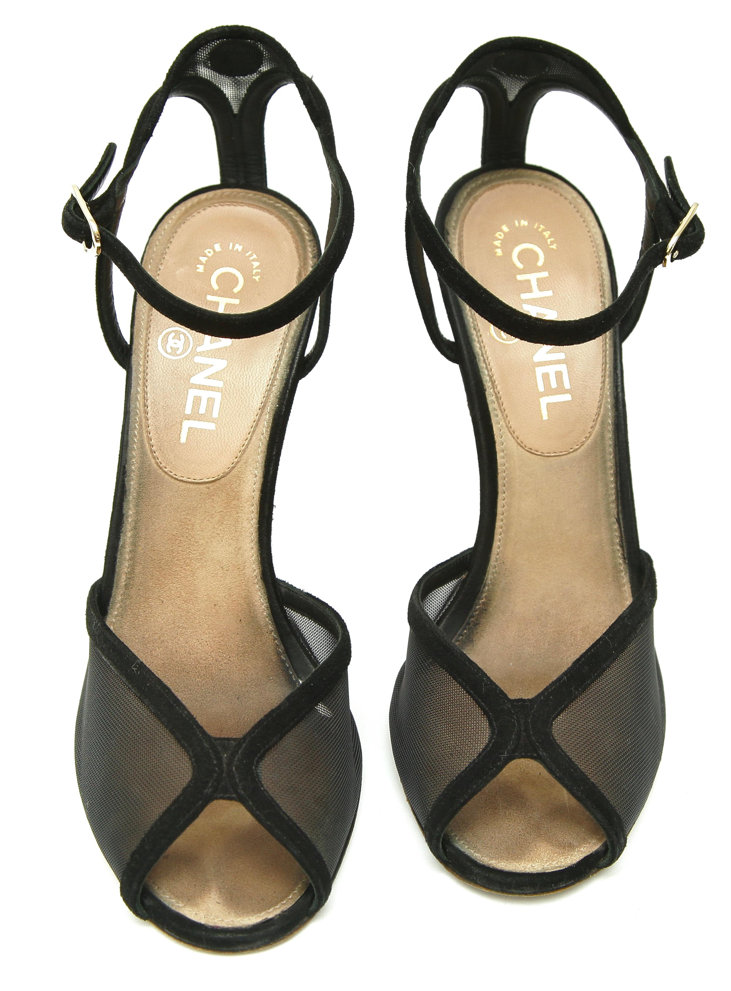 CHANEL Black Suede Sandals Heels Pump Lucite Ankle Strap Gold HW Peep Toe Sz 38 For Sale 1