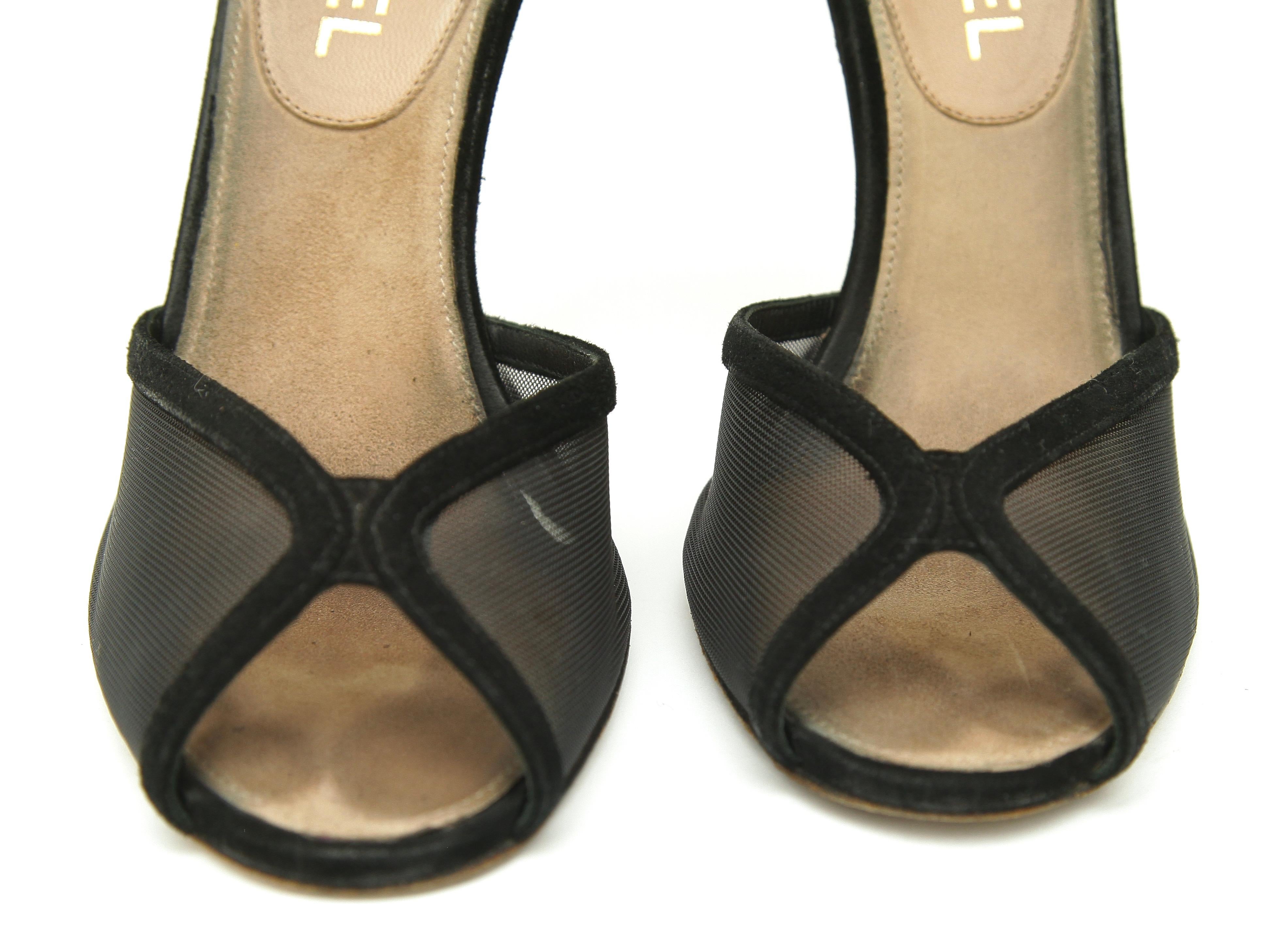 CHANEL Black Suede Sandals Heels Pump Lucite Ankle Strap Gold HW Peep Toe Sz 38 For Sale 2