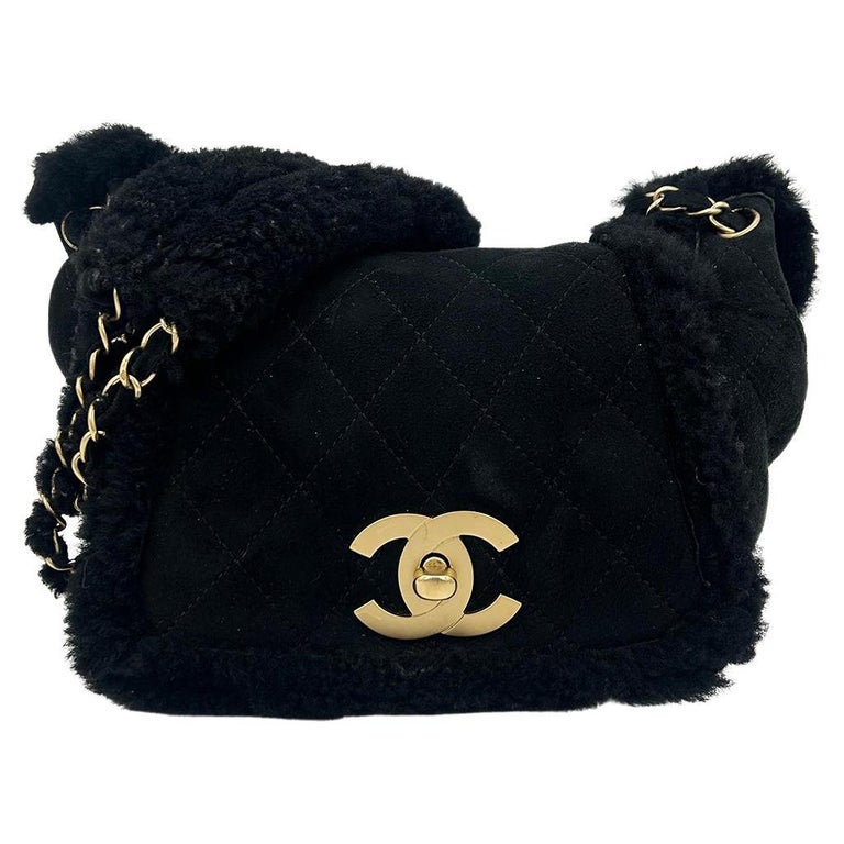 Chanel Black Suede Shearling Small Accordion Flap Bag For Sale at 1stDibs