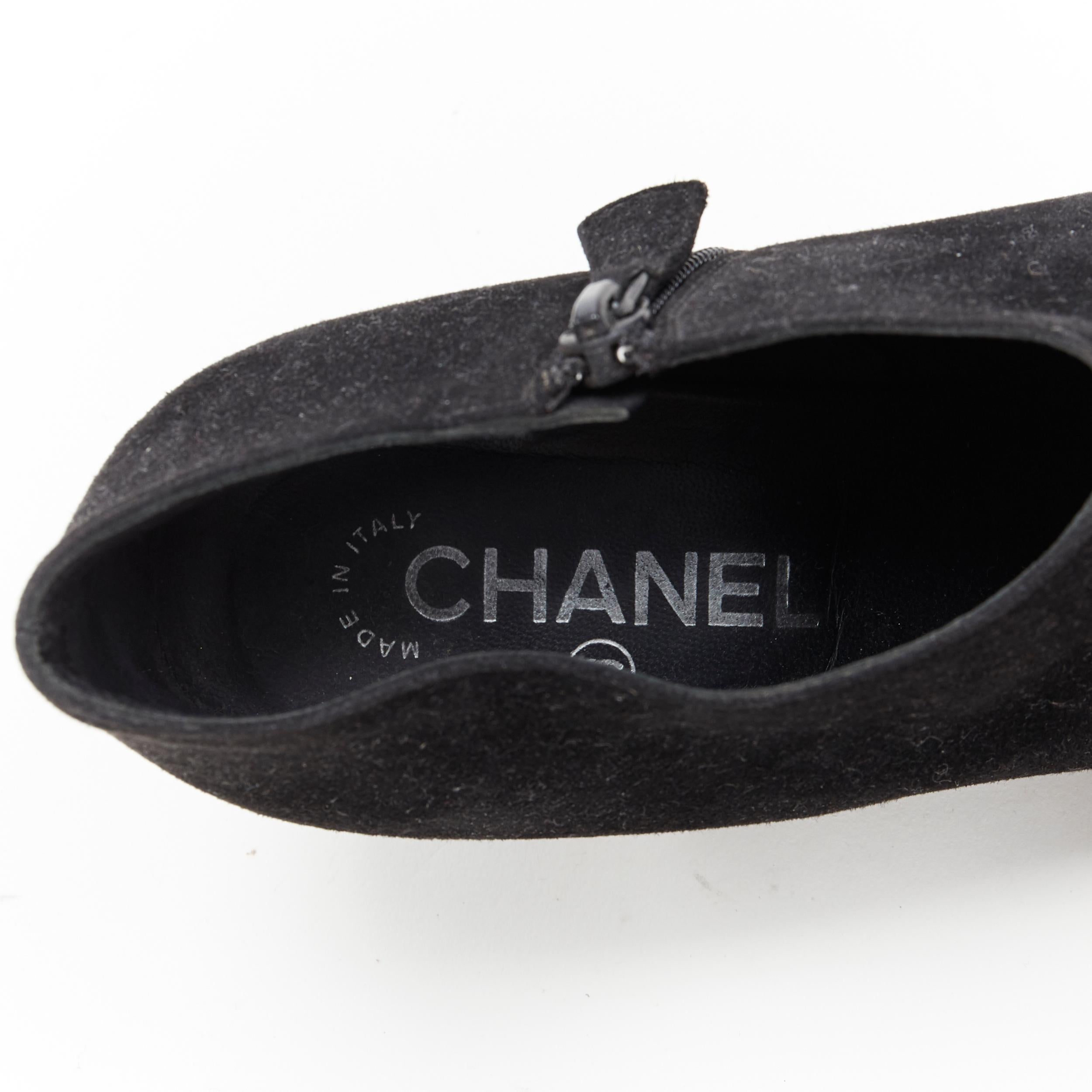CHANEL black suede silver CC metal toe cap high heel ankle bootie EU37.5 6
