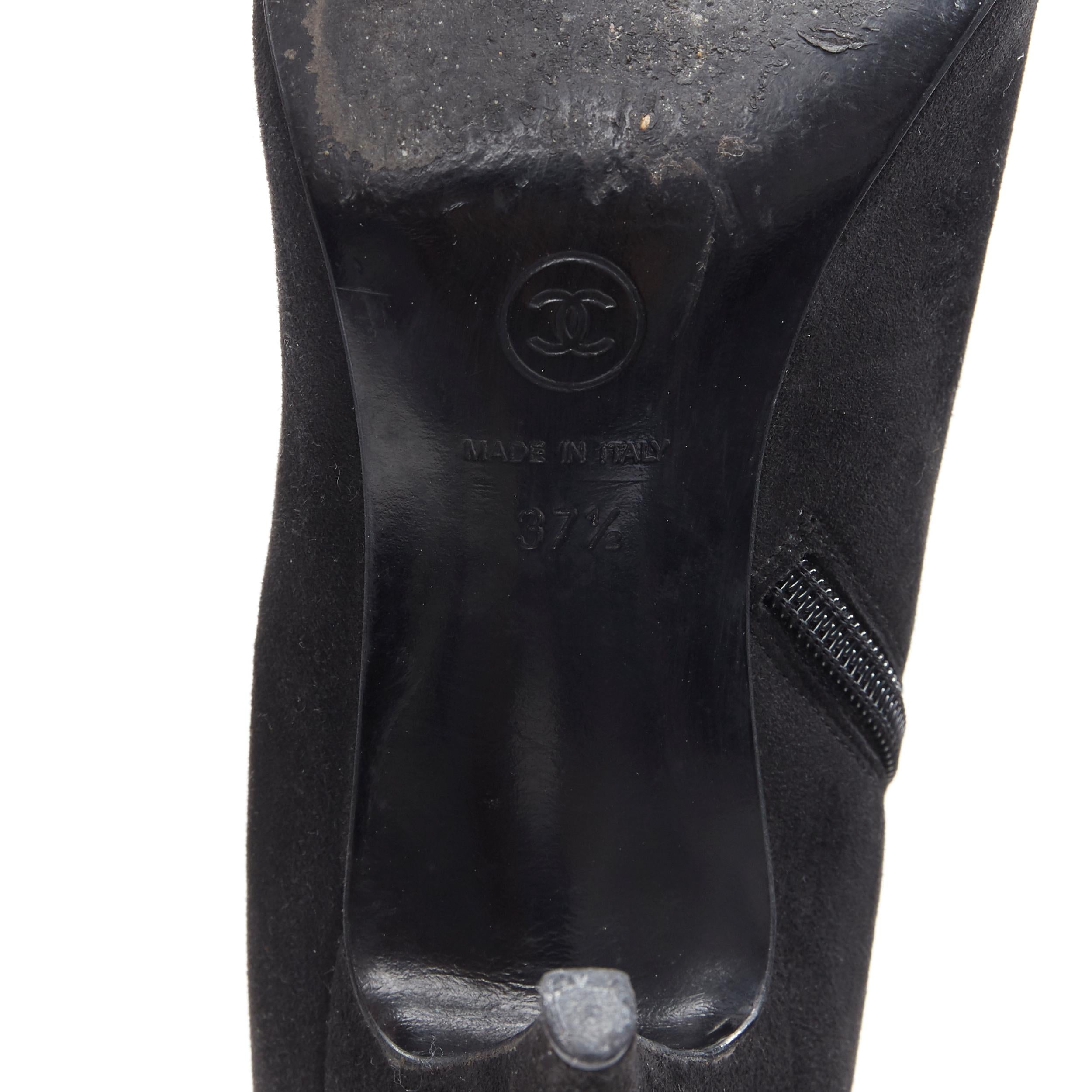CHANEL black suede silver CC metal toe cap high heel ankle bootie EU37.5 7