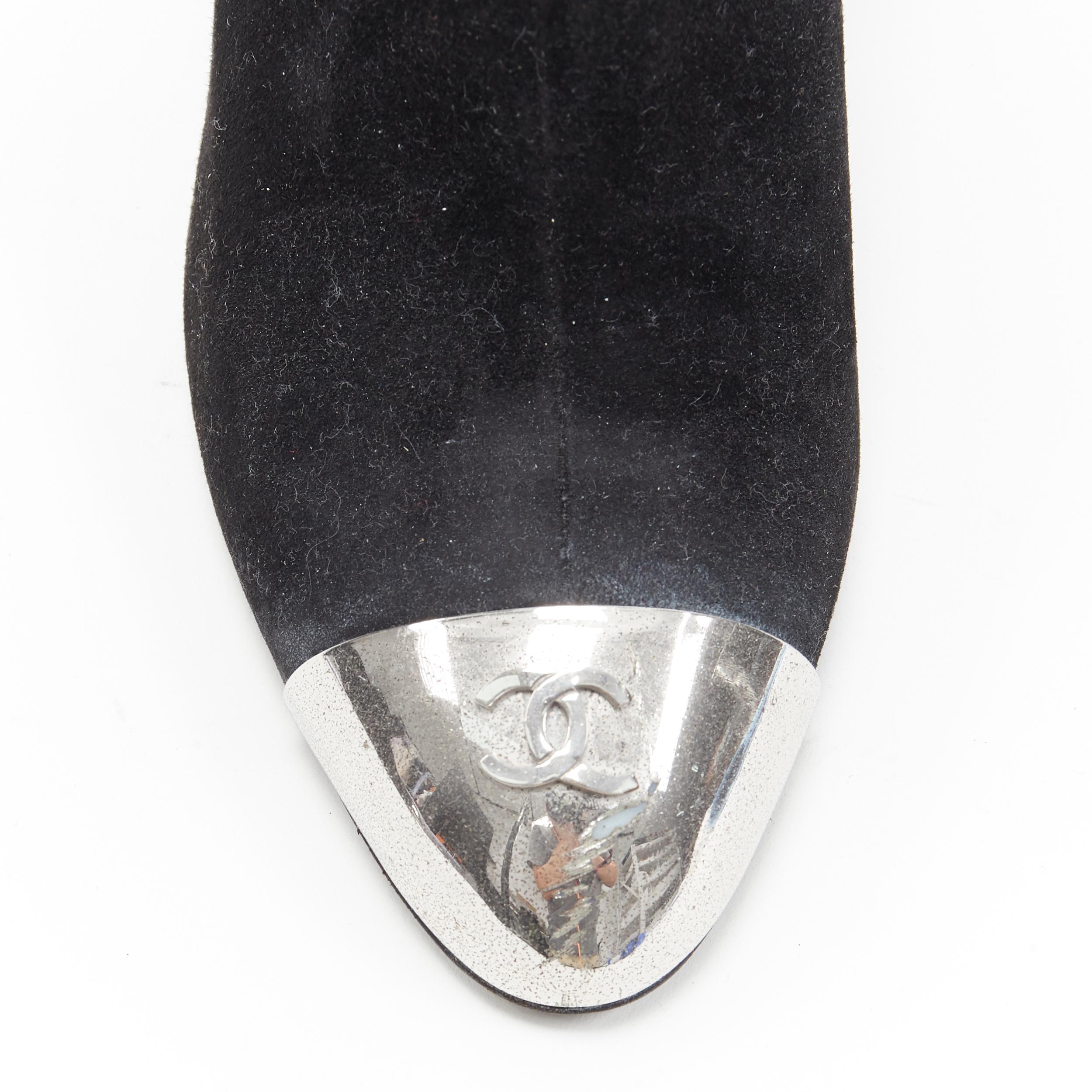 CHANEL black suede silver CC metal toe cap high heel ankle bootie EU37.5
