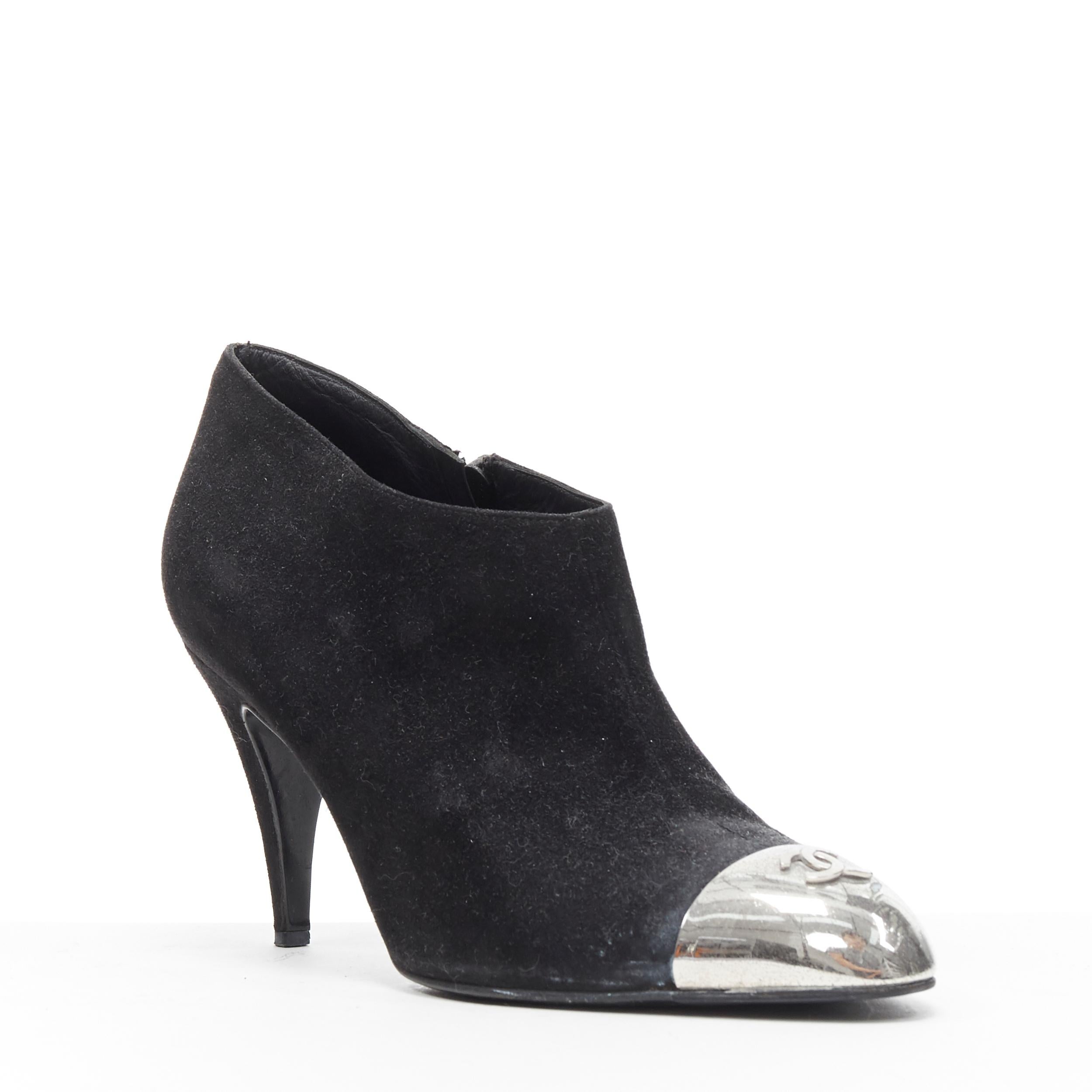 Black CHANEL black suede silver CC metal toe cap high heel ankle bootie EU37.5