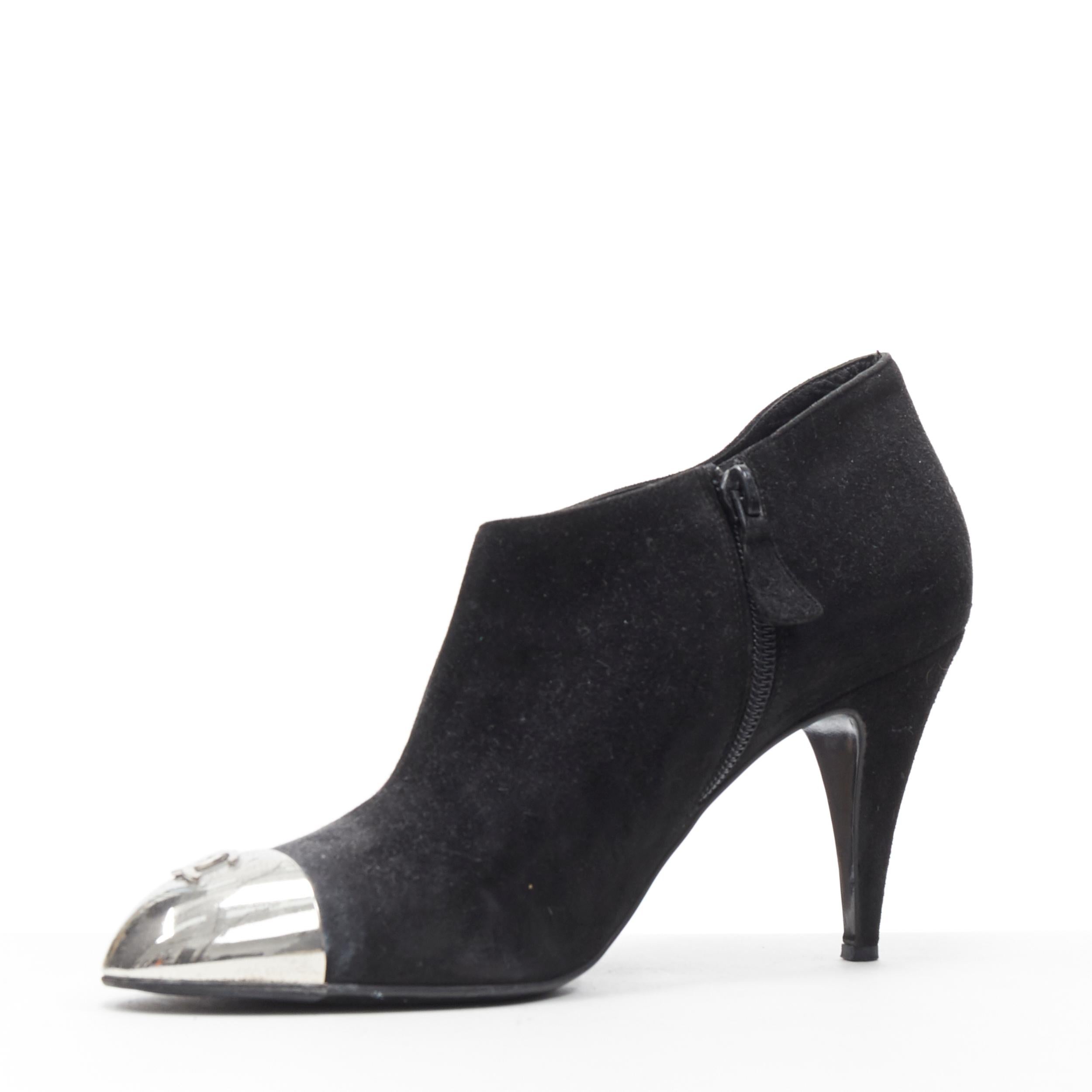 Women's CHANEL black suede silver CC metal toe cap high heel ankle bootie EU37.5