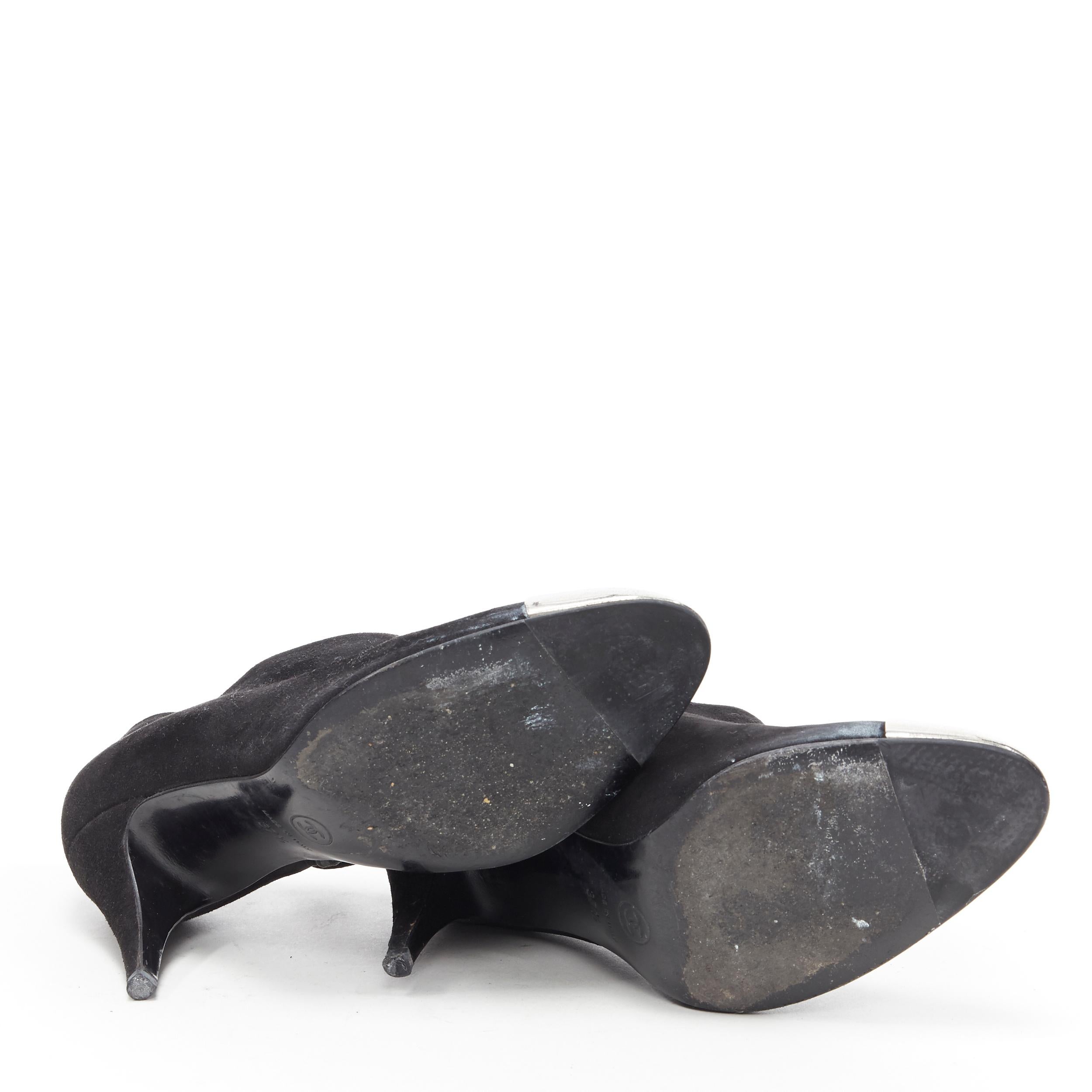 CHANEL black suede silver CC metal toe cap high heel ankle bootie EU37.5 2