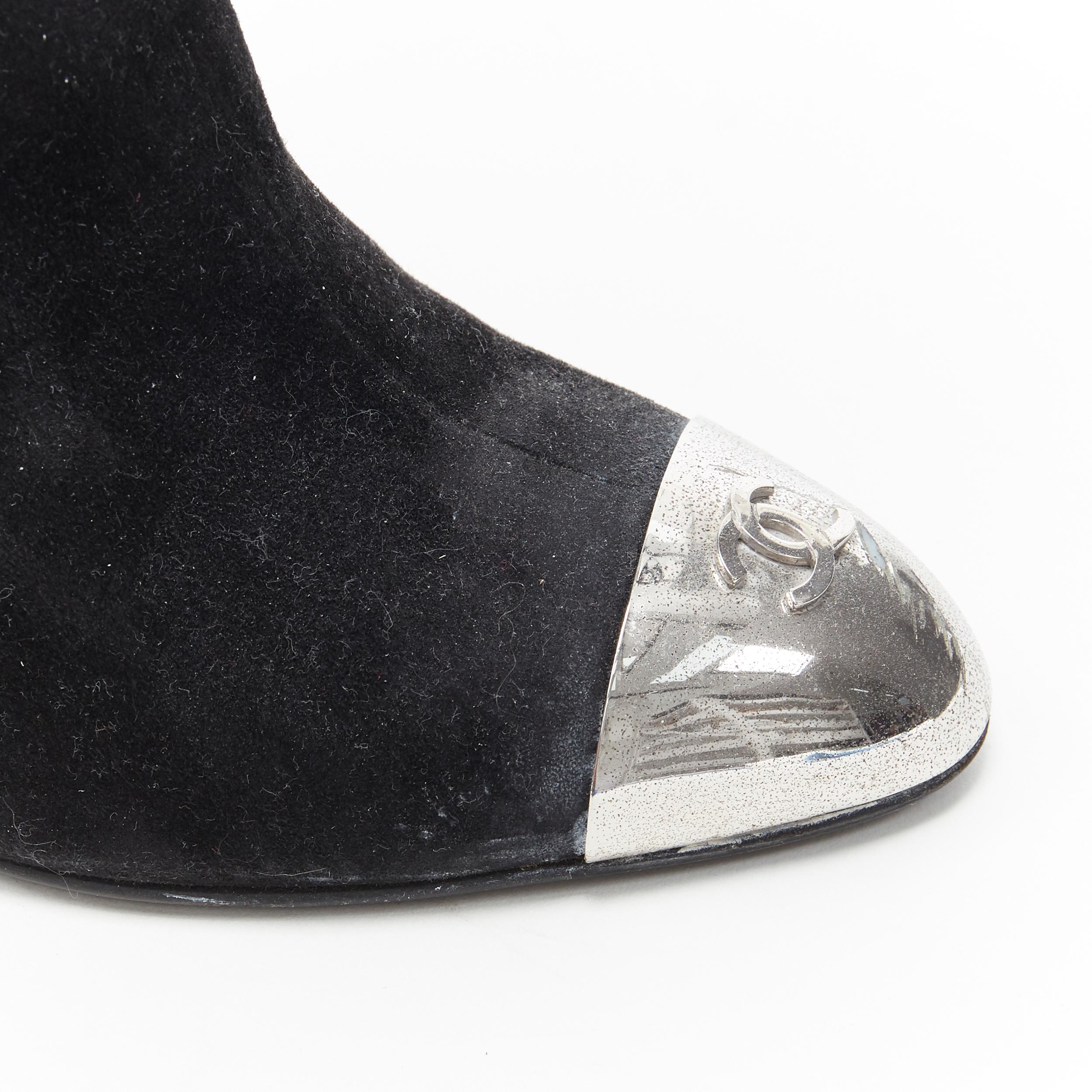 CHANEL black suede silver CC metal toe cap high heel ankle bootie EU37.5 3