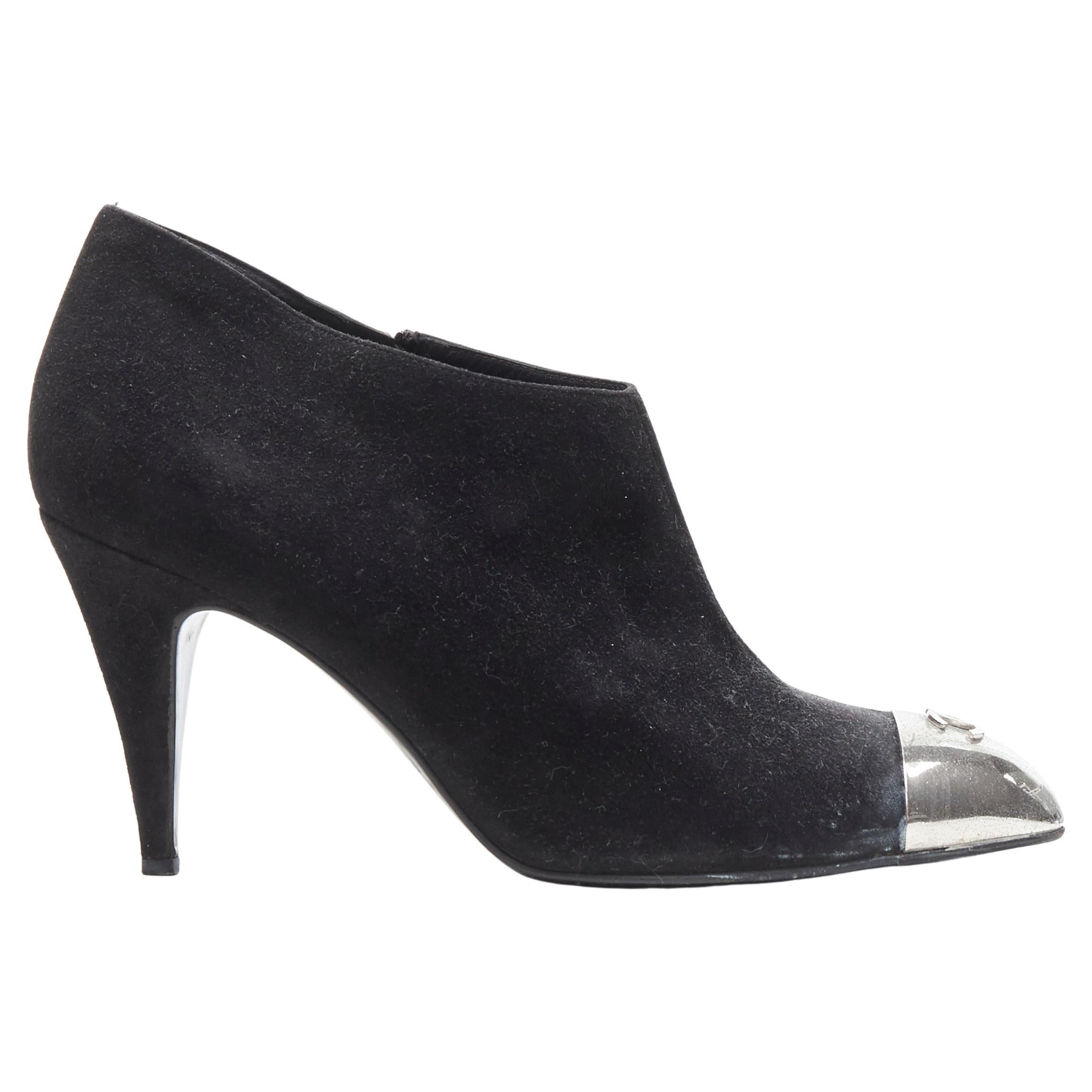 CHANEL black suede silver CC metal toe cap high heel ankle bootie EU37.5