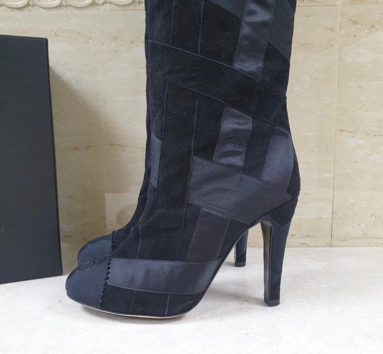 Chanel Black Suede Textile Heeled Overknee Boots For Sale at 1stDibs