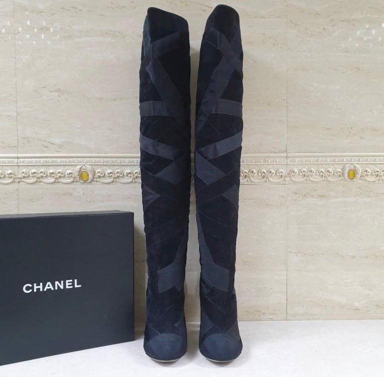 Chanel Black Suede Textile Heeled Overknee Boots For Sale at 1stDibs