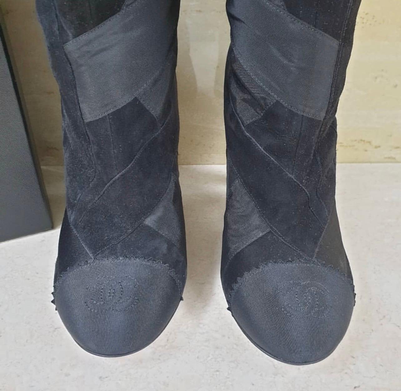 Chanel Black Suede Textile Heeled  Overknee Boots In Good Condition In Krakow, PL
