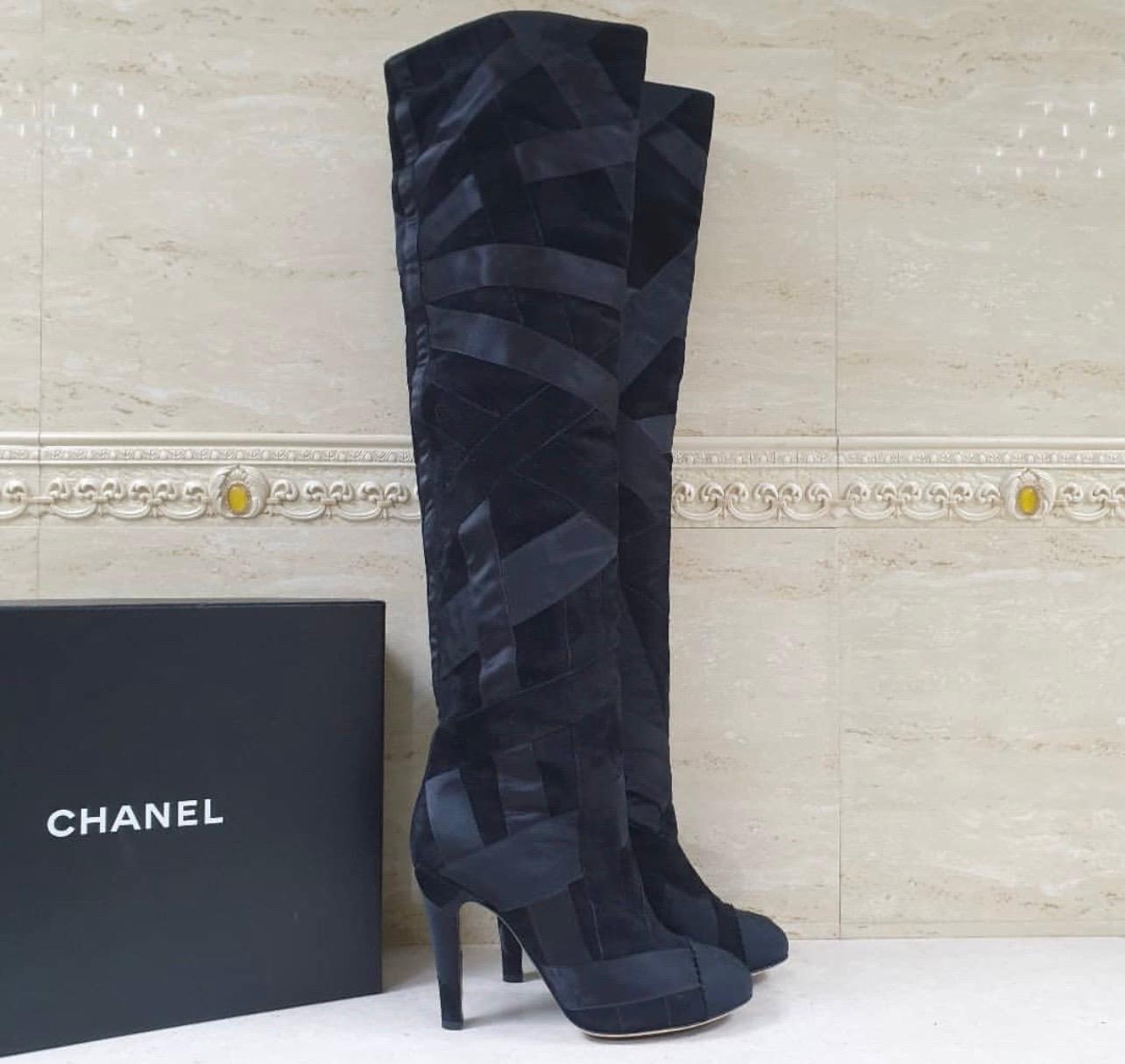 Women's Chanel Black Suede Textile Heeled  Overknee Boots
