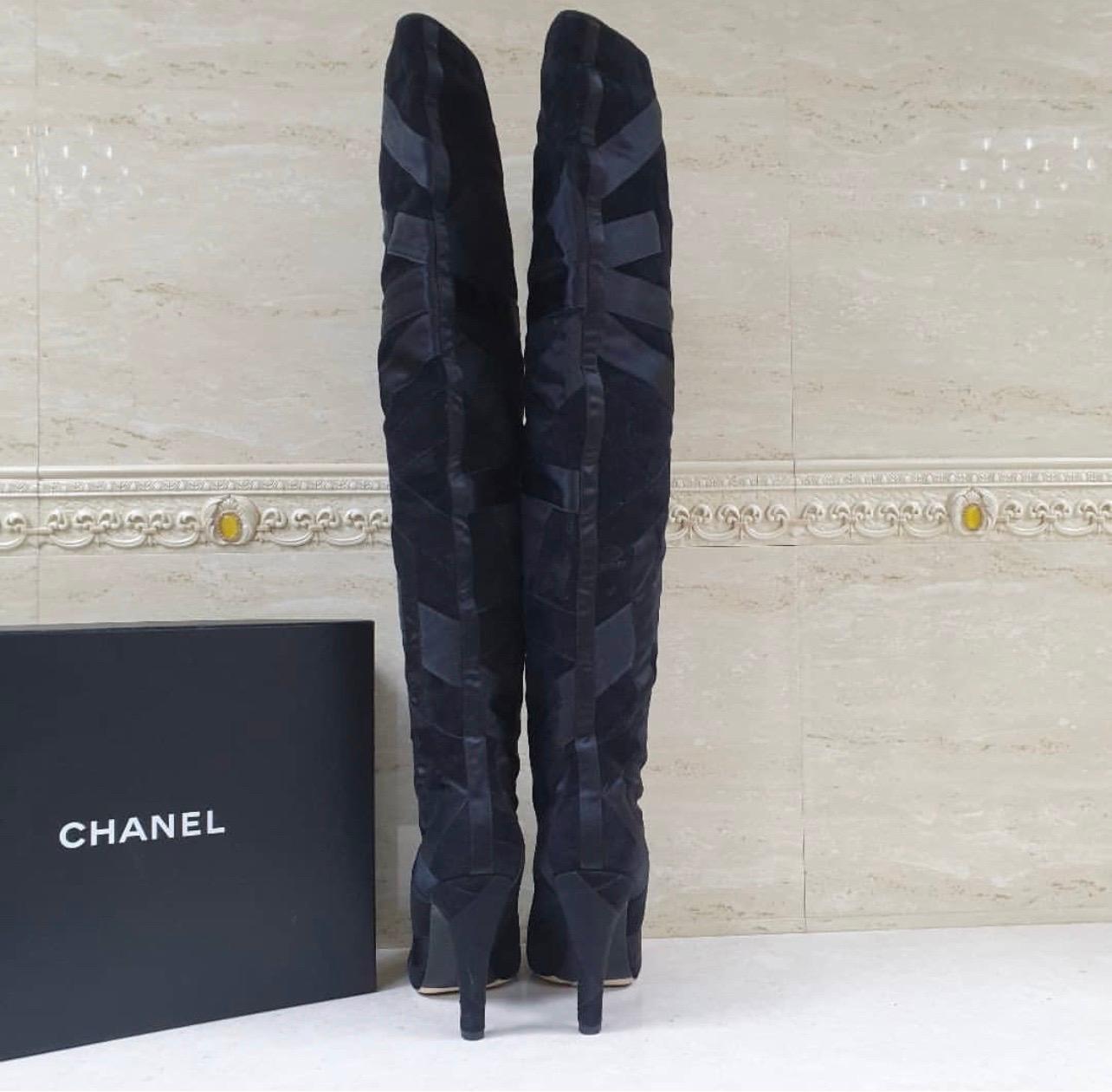 Chanel Black Suede Textile Heeled  Overknee Boots 2