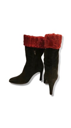 Chanel Black Suede with Red Fur Trim Ankle Boots