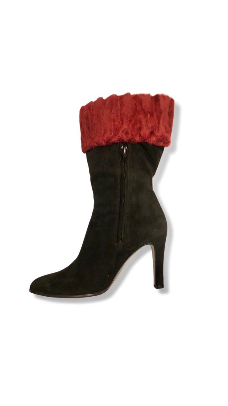 Chanel Black Suede with Red Fur Trim Ankle Boots  In Excellent Condition For Sale In Sheung Wan, HK