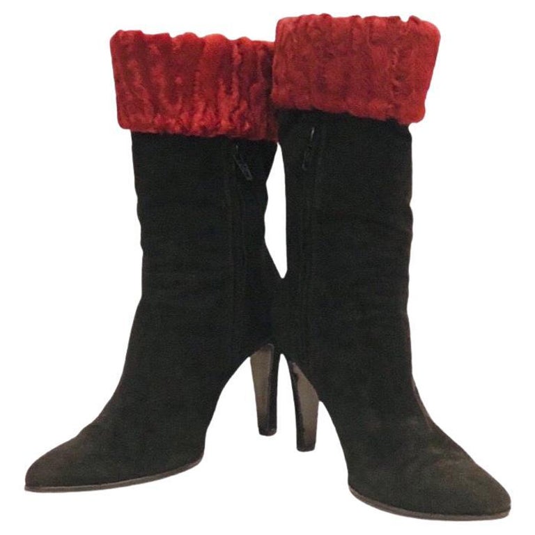 Chanel Black Suede with Red Fur Trim Ankle Boots  For Sale