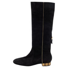 Chanel Black Suede Zip Midcalf Boots Size 37.5