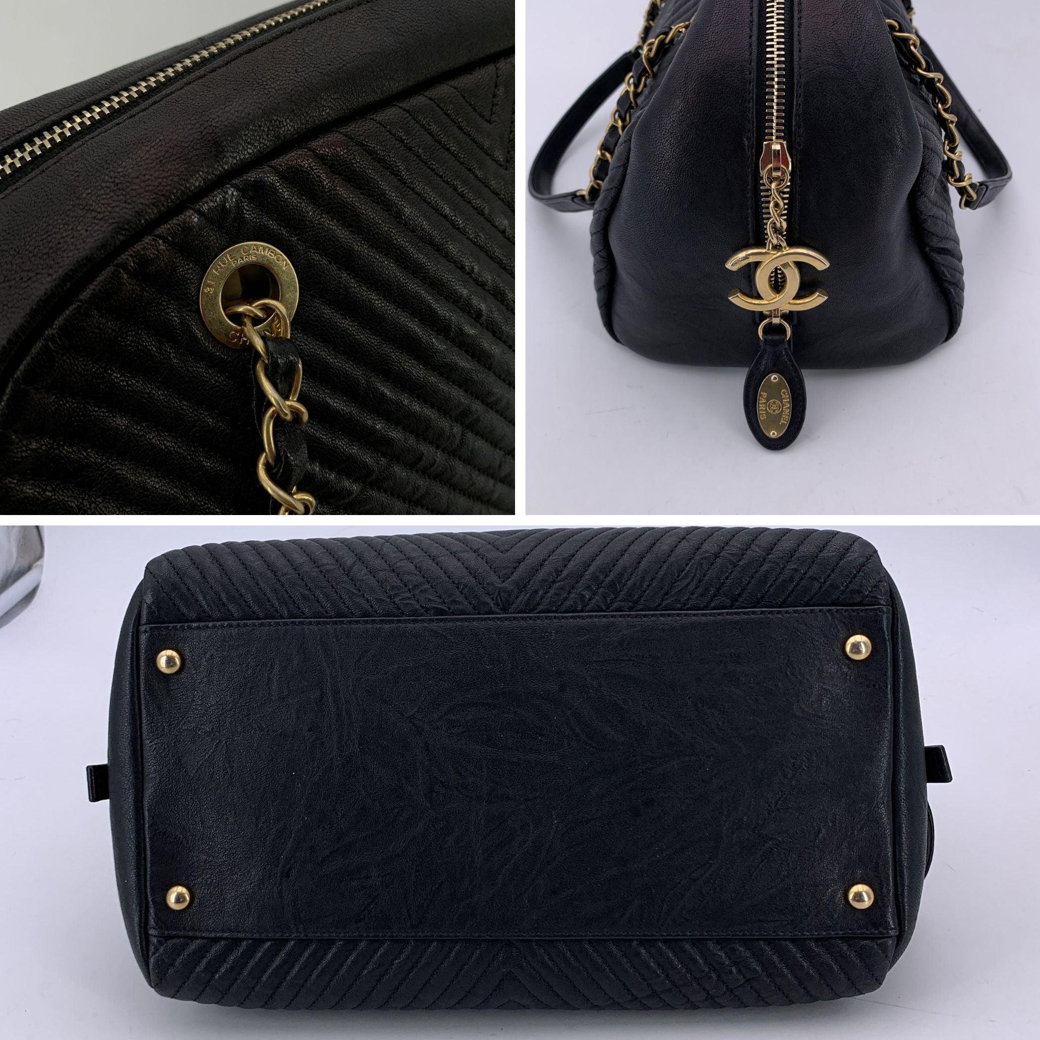 Chanel Black Surpique Chevron Leather Bowling Bowler Bag 3