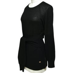 CHANEL Black Sweater Knit Top Long Sleeve Gold Tone Belt Tie Zipper HW Sz 34