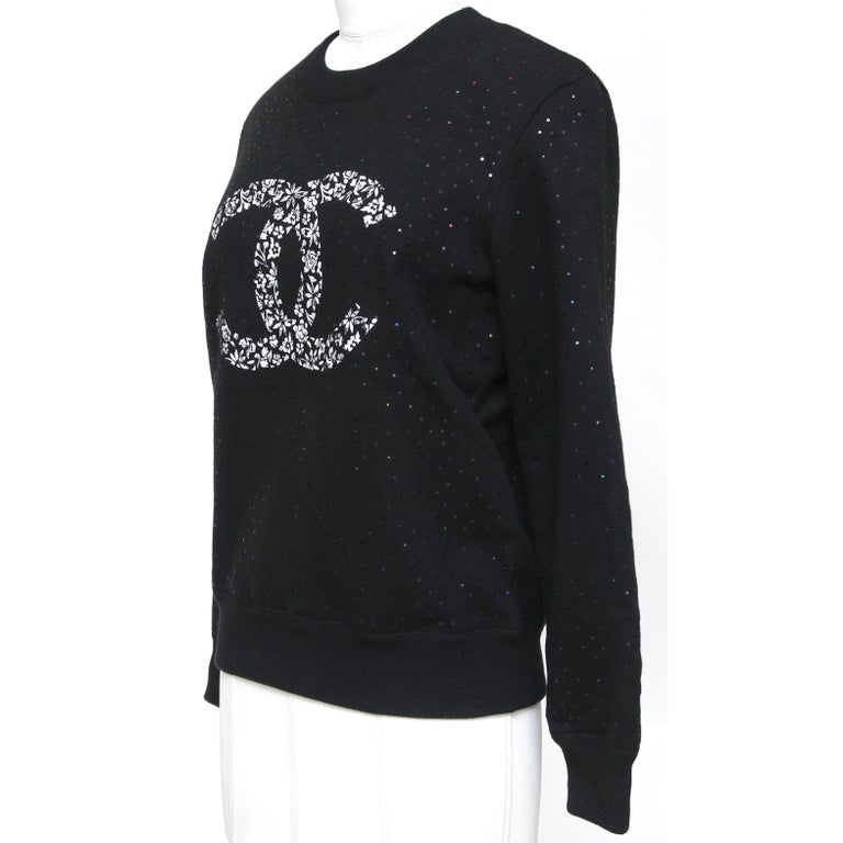 CHANEL Black Sweater Long Sleeve CC Logo Graphic Print White Iridescent 2021  34 at 1stDibs