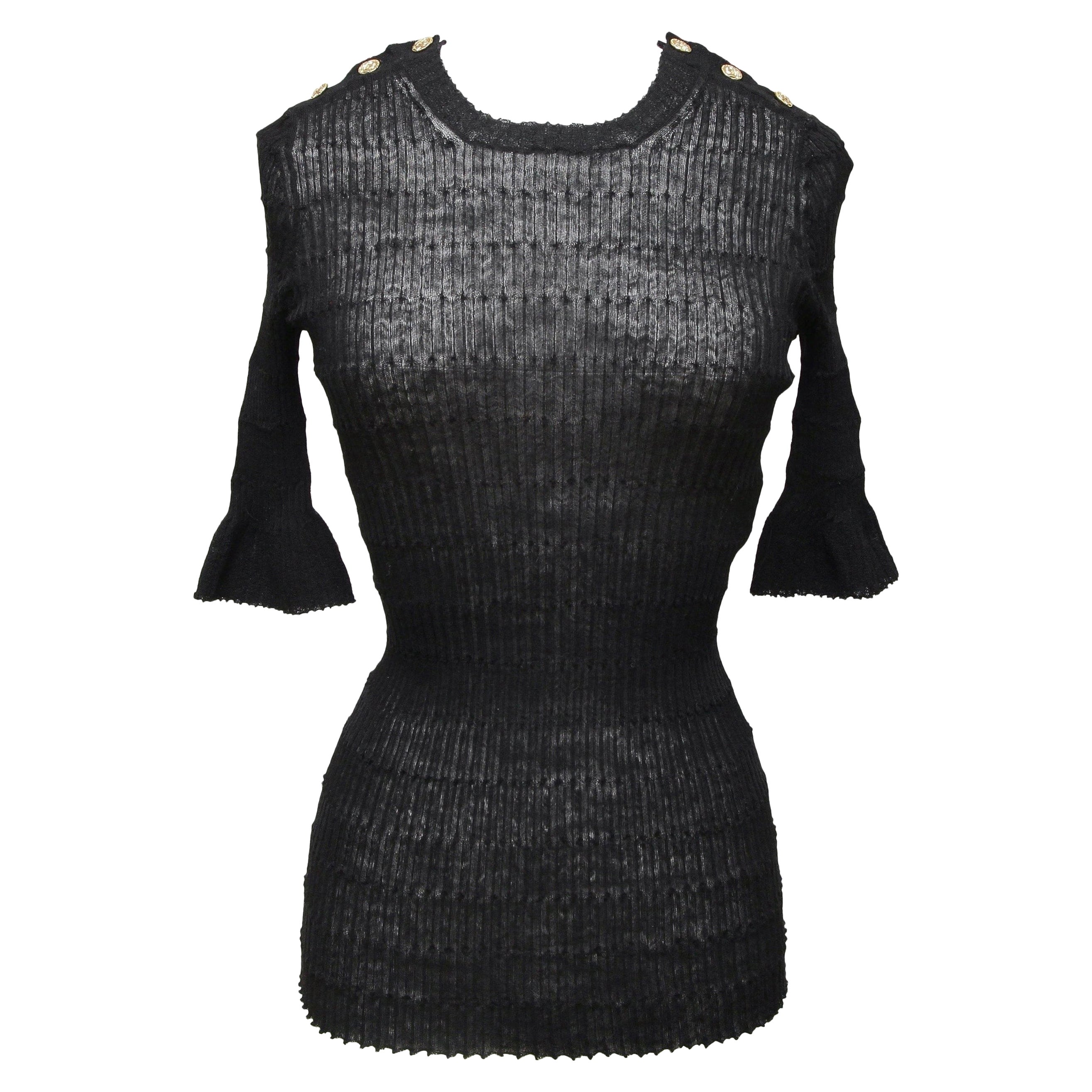 CHANEL Black Sweater Top Knit Short Sleeve CC Gold-Tone Logo Buttons Sz 34 2016 For Sale