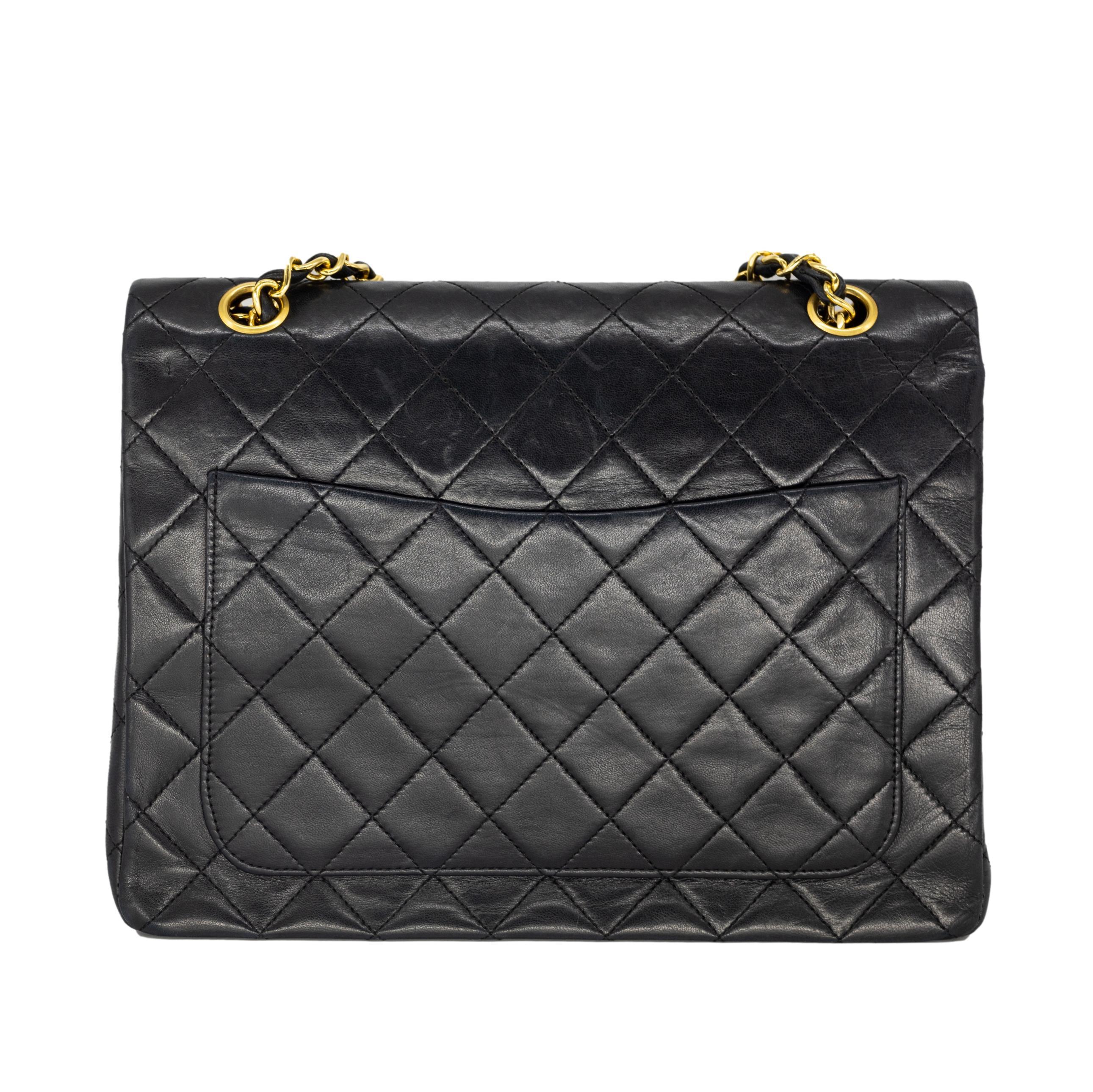 Chanel Black Tall Lambskin Double Flap Mademoiselle Chain Shoulder Bag, 1989. In Good Condition In Banner Elk, NC