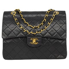 Retro Chanel Black Tall Lambskin Double Flap Mademoiselle Chain Shoulder Bag, 1989.