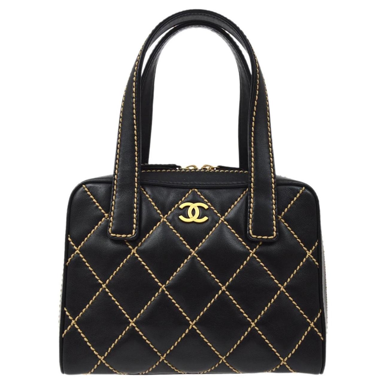 Chanel Black Tan Piping Leather Gold Small Mini Top Handle Satchel Bag