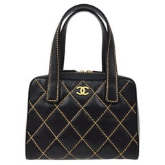 Chanel Schwarz Tan Piping Ledertasche mit goldenem Mini-Top-Griff