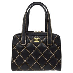 Chanel Black Tan Piping Leather Gold Small Mini Top Handle Satchel Bag