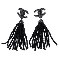 Chanel Black Tassels CC Crystal Earrings