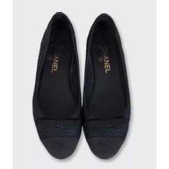 Chanel Black Textile Ballerina Flats with Bows, Size 38.5