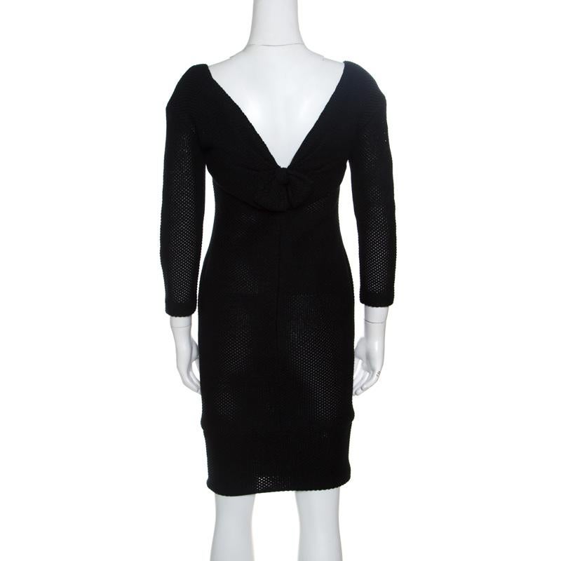 Chanel Black Textured Glitter Effect Cotton Bow Detail Long Sleeve Dress S In Good Condition In Dubai, Al Qouz 2