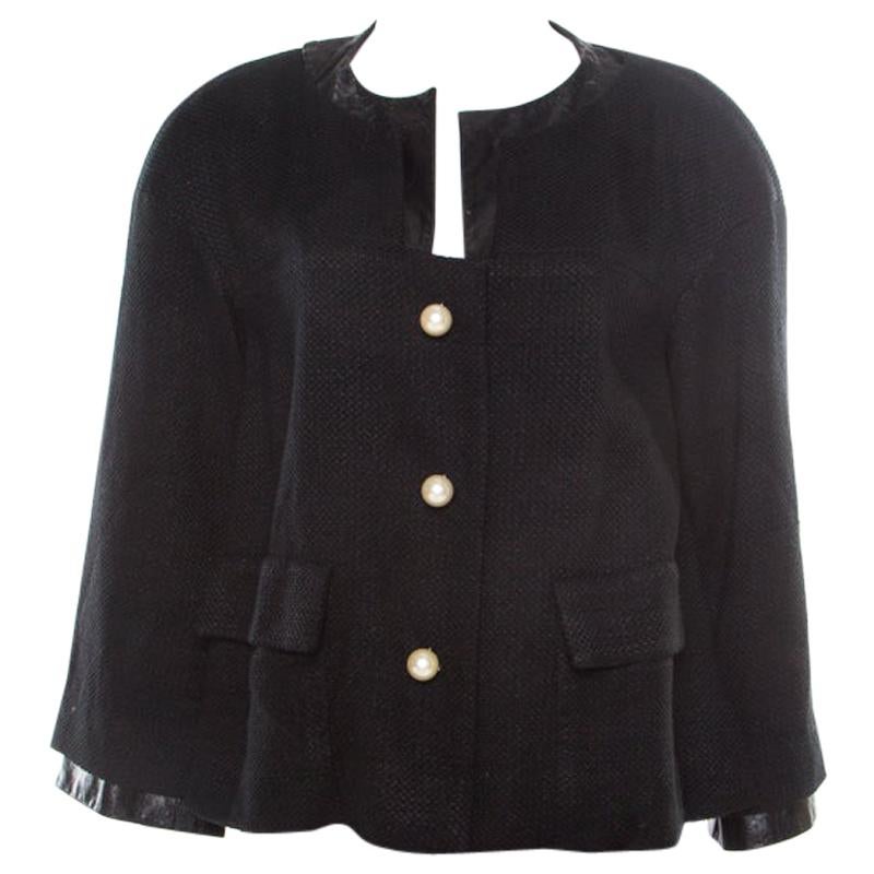 Chanel Black Textured Knit Leather Trim Logo Pearl Button Jacket M