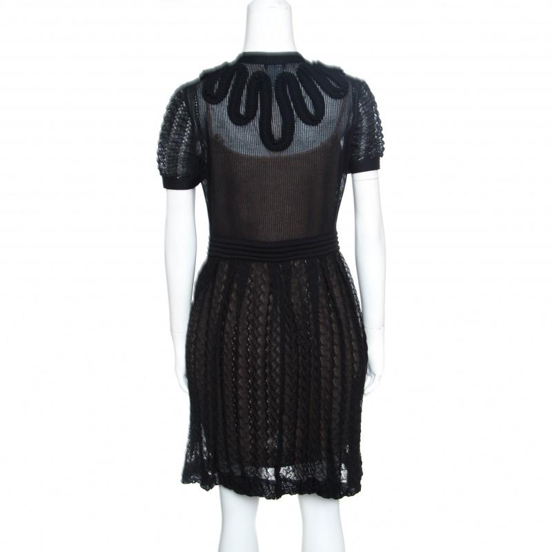 Chanel Black Textured Knit Ruffled Applique Detail Button Front Dress M In Good Condition In Dubai, Al Qouz 2