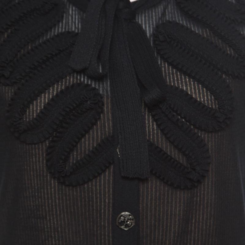 Women's Chanel Black Textured Knit Ruffled Applique Detail Button Front Dress M