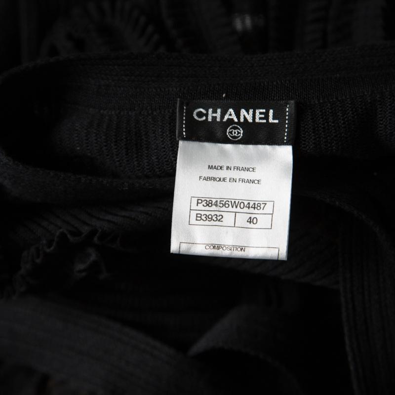 Chanel Black Textured Knit Ruffled Applique Detail Button Front Dress M 2