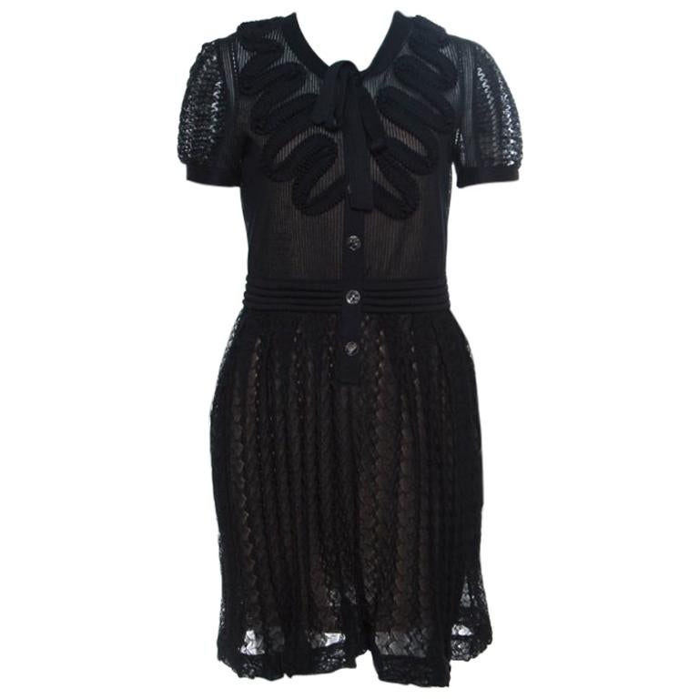 Chanel Black Textured Knit Ruffled Applique Detail Button Front Dress M