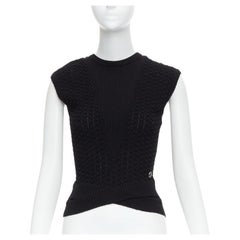 CHANEL black textured knitted CC resin button crossover hem vest FR34 XS CHANEL black textured knitted CC resin button crossover hem vest FR34 XS