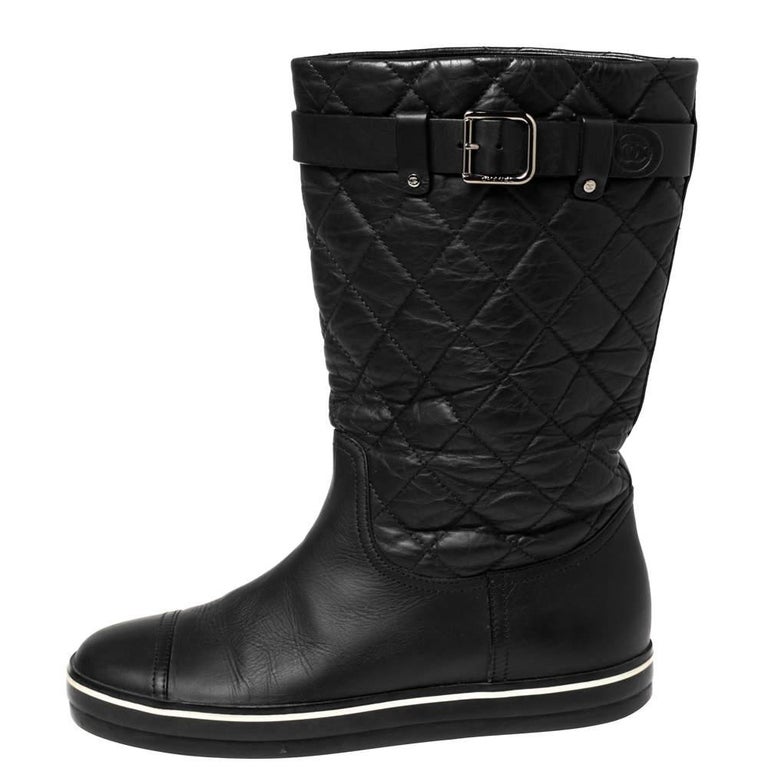 Chanel Black Textured Quilted Leather Buckle Embellished Mid Calf Boots  Size 37 For Sale at 1stDibs