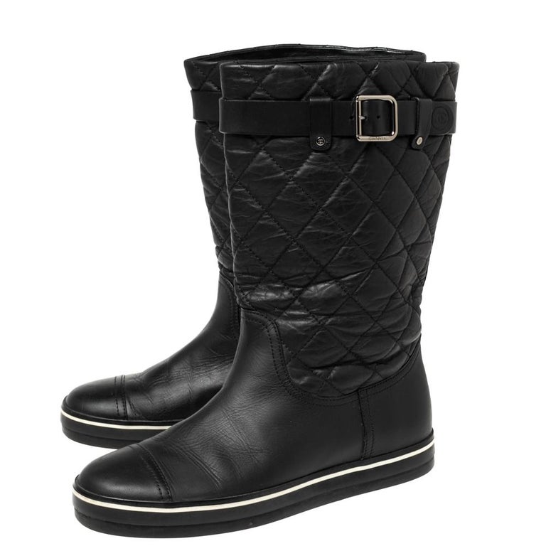 Chanel Black Textured Quilted Leather Buckle Embellished Mid Calf Boots Size  37 For Sale at 1stDibs