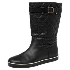 Chanel Black Textured Quilted Leather Buckle Embellished Mid Calf Boots Size 37