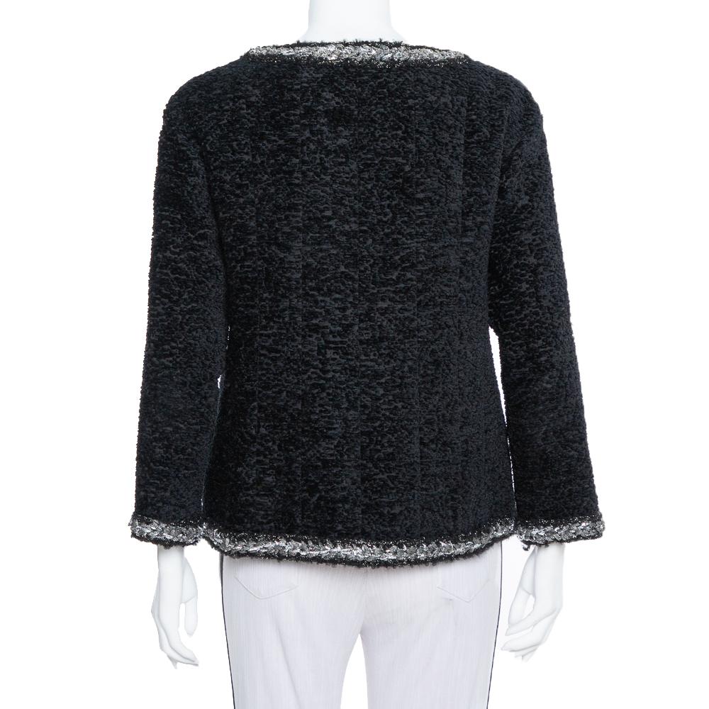 Chanel Black Textured Silk Embellished Detail Zip Front Jacket M In Good Condition In Dubai, Al Qouz 2